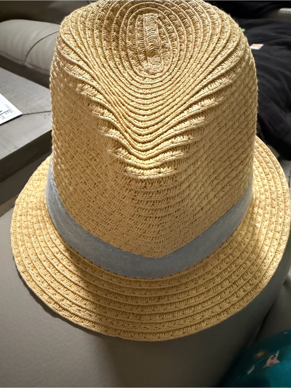Carter's Beige Fedora Woven Sun Hat with Blue hat band size 12-24M VGUC